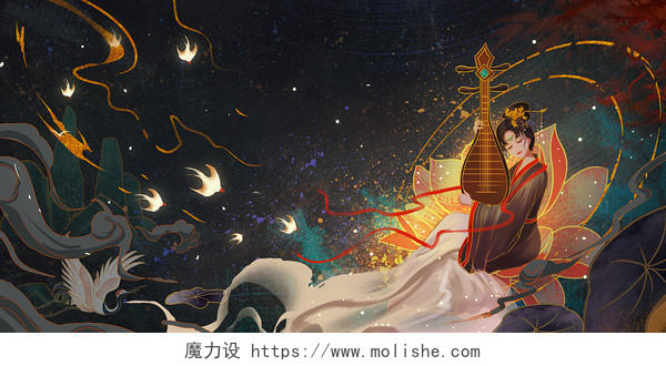 国潮仙女中国风古代美女弹琴手绘插画海报汉服古风中国风唯美女人
